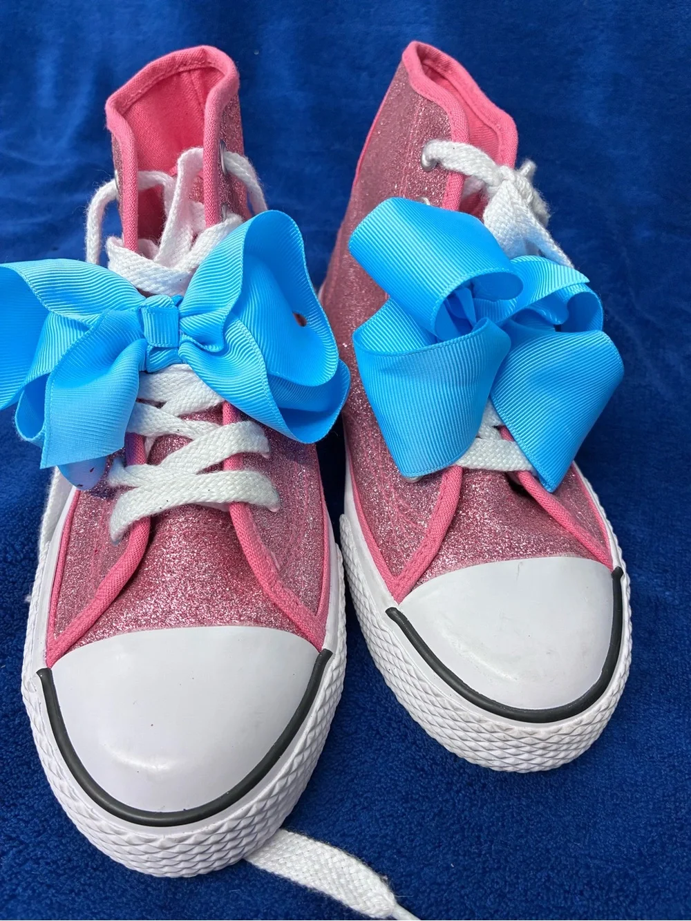 Girls Glitter Pink Lace-Up Sneakers with Blue Bow Accent